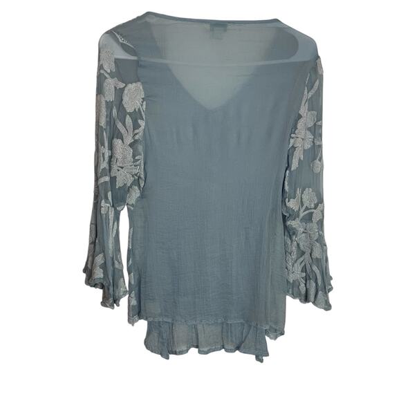 Sundance Gretty Zueger Sadie Top Womens S Blue Silk Floral Overlay Bell Sleeve - Picture 2 of 9